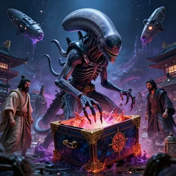 Drop a xenomorph into feudal Japan!!, the ancient Greeks crack open the Hellraiser box, cosmic horror!!!, cinematic, hyper realism, high detail, octane render, unreal engine, 8k, vibrant color, basri’s acolyte!!!!, Darkest whisper!!!!!, melting Spaceships!, by andrea chiampo and chet zar