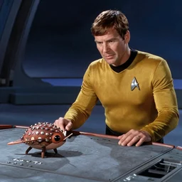 “jean lean picard playing with a tribble on board the deck of the NCC 1701-A, star trek original series, high quality digital art”