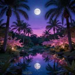 dreamy wistful oasis whimsical purple pink blue calm nighttime stars palm tree lush pond reflecting moon