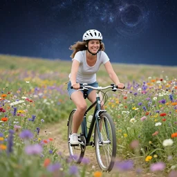 happy android woman cycling through interstellar flowers field