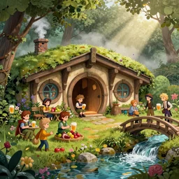a gathering at a medieval hobbit home, ornate, beautiful, atmosphere, beer, fruit, meat, vibe, mist, smoke, chimney, rain, wet, pristine, puddles, waterfall, clear, stream, bridge, forest, flowers, concept art illustration, color page, 4 k, tone mapping, doll, akihiko yoshida, james jean, andrei riabovitchev, marc simonetti, yoshitaka amano, digital illustration, greg rutowski, volumetric lighting, sunbeams, particles