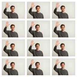 a sequence of frames of a man waving his arm from left to right, separated into equally sized frames from a flip book