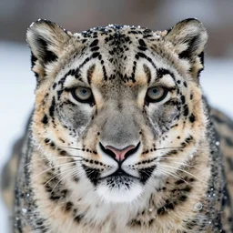 beautiful portrait of snow leopard face, surrounded by snow, breathtaking detail, wildlife photography, crisp lighting