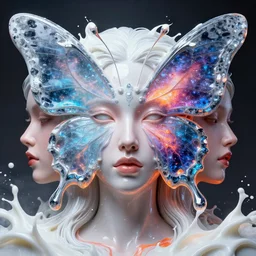3 d goddess butterfly face portrait, face in the center, glossy, ice, galaxy, plasma, lava, milk, artwork by tooth wu and greg rutkowski and wlop and beeple, 8 k trending on artstation, volumetric lighting