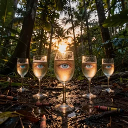 sunset tropical forest, sparkling spirits, detailed wide shot, crayon, ground detailed, wet eyes reflecting into eyes reflecting into infinity, beautiful lighting