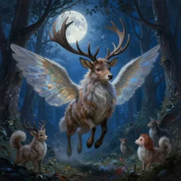 cute furry mythical flying mammal with elk antlers flue fur and fairy wings in a blue moonlit enchanted forest by dave dorman hieronymus bosch, cyril rolando, esher and natalie shau, whimsical, profound, impossible, dark, atmospheric, brooding, digital painting, intricate.