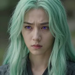Light green, long layed hair awkwardly hangs over a lean, tense face. Dancing violet eyes, set high within their sockets, watch rapidly over the ancestors they've grieved with for so long.