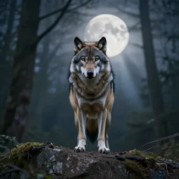 A wolf with the head of a raven perched on a cliff's edge looking straight ahead, intimidating, rays of moonlight illuminating a forest backdrop