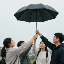 Several people hold the umbrella so that it does not fly away