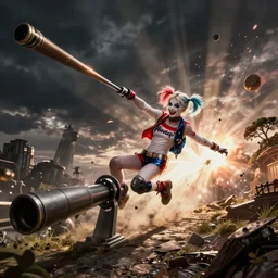 harley quinn being catapulted out of a canon