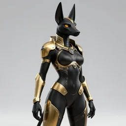 female anthromoporphic black jackal anubis wearing black and gold cybertech armor. buxom, wide hips, character design by charlie bowater, ross tran, artgerm, and makoto shinkai, detailed, inked, western comic book art