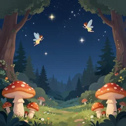 stars in the sky fairies flying into an enchanted forest mushrooms on the ground psychedelic wide angle shot white background vector art illustration by frank frazetta