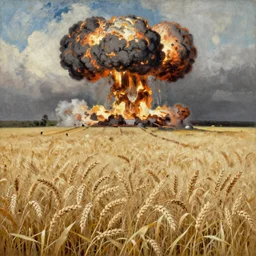 wheat field and a nuclear explosion in the background, painting in style of Aleksey Savrasov,
