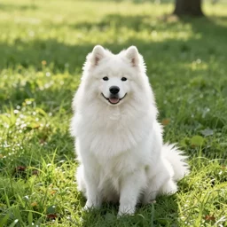 a samoyed dog sitting in the middle of sunny meadow, by Koyoharu Gotouge