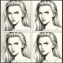 3 panels of scarlett johansson with angry expression as ursla in the little mermaid, dramatic lighting, anime style, pencil and ink manga drawing,