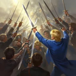 a crowd throwing swords at a blond man in a blue suit, fantasy, digital painting, volumetric light, intricate, sharp, focus, bloom, illustration, highly detailed, concept art, matte, ruan jia, randy vargas, greg rutkowski