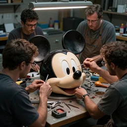several workers in workshop repairing | horror mickey mouse head |, made by beeple, cgsociety, artgerm, greg rutkowski, highly detailed intricate 8 k art, low light cinematic, 2 4 mm lens, upper view close distance