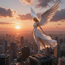 a angel over a big city, dramatic sunset, 3 d anime, arcane style, high resolution, city landscape, side scrolling, rule of thirds, 4 k,