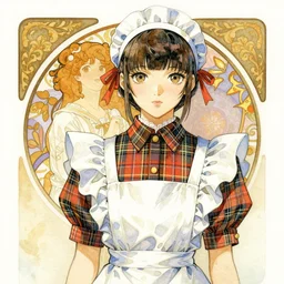 a watercolor portrait illustration by sui ishida and alphons mucha of a bishoujo as a maid highly detailed anime eyes wearing wearing mixed plaid fashion by issey miyake and balenciaga 8 k