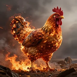 giant chicken war machine in flames