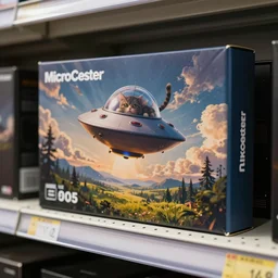 Photo of a GPU box sitting on a store shelf in microcenter with a silly artwork of a cat flying a UFO printed on the box realistic text