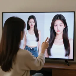 A doppelganger is standing in front of TV and changing its appearance into female model's appearance by touching TV screen which shows her standing image, highly detailed,