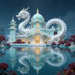 a gorgeous symmetrical paradise palace, starlit, lakes, fantasy, fairy tale, white grace chinese dragon, matte painting, artstation, octane render, caleb worcester, samuel beal. ultra clear detailed. tiffany blue, maroon and golden