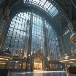 Matte painting of the interior view of giant train station with glass walls. Fantastical, detailed digital art trending in artstation