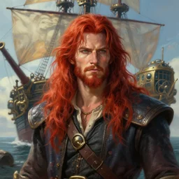 hyperrealist cg an epic fantasy comic book style portrait painting of a long haired, red headed male sky - pirate in front of steampunk airship by daniel f. gerhartz and matt stewart fantasy soft hair photorealistic octane render, unreal engine, dynamic lighting, perfect factions, very detailed faces, trending on artstation key art dramtic volumetric lighting, 4 k, award winning