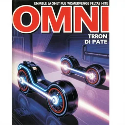 1979 OMNI Magazine Cover of a set of Tron Light Cycles. in cyberpunk style by Vincent Di Fate