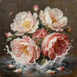 breathtaking oil painting of flowers made of meat, white water splash and petals of flesh, rembrandt style, german romanticism, 8 k, concept art, matte, sharp focus,