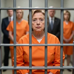 photo, hillary clinton sitting in a jail cell behind bars, dressed in orange inmate attire, award winning, 5 0 mm, blurred background,