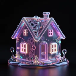 a house made of liquid, neon, intricate details, black backround