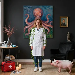 a female pathology student in her apartment, wrapped in vines, medical equipment, candles, octopus, first aid kit, pig, black walls, ikebana, black armchair, sculpture, acrylic on canvas, surrealist, by magritte and monet