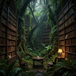 decaying interior of an ( ( old library ) ) with a rainforest growing inside, highly detailed, ( dark at night ), intricate detail, beautiful 3 d rendering, octane render, hyperrealistic, trending on artstation, by greg rutkowski and simon stalenhag