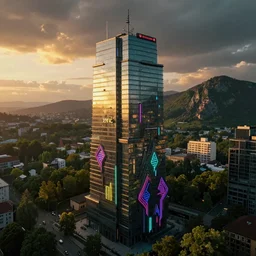 cyberpunk tallinn stockmann epic, moody, realistic, neon palette, golden afternoon, cyberpunk, scenic jungle mountains in the background