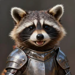 a cute raccoon dressed as a knight, big smile, cute teeth, cute face, digital painting byRoss Tran and Mark Ryden, cute and lovely, high detail, nursery poster