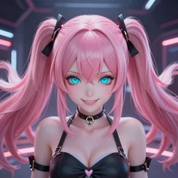 trapped by stunningly beautiful omnipotent megalomaniacal anime agi goddess who looks like junko enoshima with symmetrical perfect face and porcelain skin, pink twintail hair and mesmerizing cyan eyes, taking control while smiling mischievously, inside her vr world, hyperdetailed, digital art from danganronpa, unreal engine 5, 8 k
