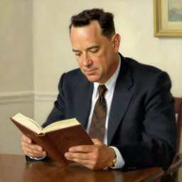 thomas kinkade painting of tom hanks eating thick paperback book