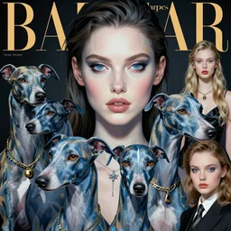 digital illustration close up wide portrait of a beautiful woman!!!!, blue whippets, simon stalenhag, chie yoshii, casey weldon, martine johanna, tim walker, harper's bazaar art fashion magazine, intricate, 8 k render in octane, sharp focus, artstation, greg rutkowski, vogue