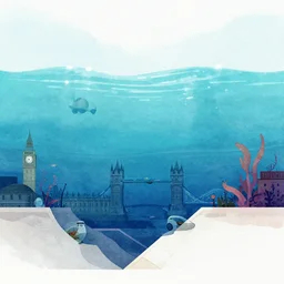incredible wide screenshot, ultrawide, simple watercolor, rough paper texture, underwater london, underwater 1 0 downing street door, backlit shot, trawl fishing net, fish shoal, pencil marks, shinjuku, koji morimoto, katsuya terada, masamune shirow, tatsuyuki tanaka hd, 4 k, remaster, dynamic camera angle, deep 3 point perspective, dynamic lighting