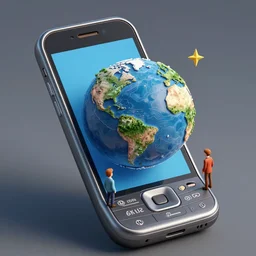 a mobile phone with a planet popping half out of the mobile screen in 4 d, 4 d, detailed and intricate 4 5 degree isometric cross john berkey and vincent di fate and ralph mcquarrie