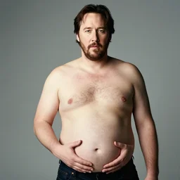 obese keanu reeves holds his belly on medium portrait, studio lighting, real photograph, 8 k film still