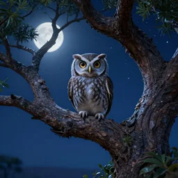 very very small owl, sitting on a gigantic dragon tree in moonlit socotra island by ilya kuvshinov, starry night, rtx rendering, octane render 1 2 8 k, maya, extreme high intricate details by tom bagshaw, medium shot, close up shot, composition by sana takeda, lighting by greg rutkowski