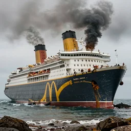 a derelict immense McDonald's brand vacation cruise liner ocean ship with yellow golden arches logo and tall smoke stacks crashed and broken on a deserted island, fast food restaurant color scheme, thick black smoke billowing, overcast, dystopian, bad vibes, photorealistic, sharp focus, hyper detailed, octane render