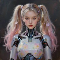 photo realism portrait of beautiful cyborg woman pigtails in cyborg clothes,, romantisism, outrun, pastel flowers, painting, dramatic, detailed, by android jones, artgerm