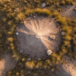 aerial directly overhead close up shot of a badlands patch of ground with dirt and rocks surrounded by tuft grass in golden hour lighting