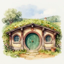hobbit house. retro airbrush detailed. loose watercolor with hard edges ( ( ( ( ( 1 9 5 0 s retro flower with vines, moss and mushrooms. with white paper background. ) ) ) ) ) by jean - baptiste monge,!!!!!!!!!!!!!!!!!!!!!!!!!!!!!