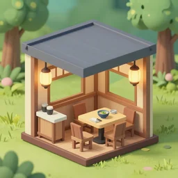 outside view of miniature classy ramen shop with table, chairs and chinese lamps, situated in a enchanted forest, studio ghibli style, hayao miyazaki drawings, clean, low poly art, detailed, isometric view, artstation, behance, global illumination, 3 d illustration, kawaii, pastel colors