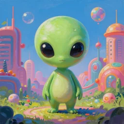 cute alien with beautiful colorful futuristic city in background detailed painting in the style of Lurid 4k
